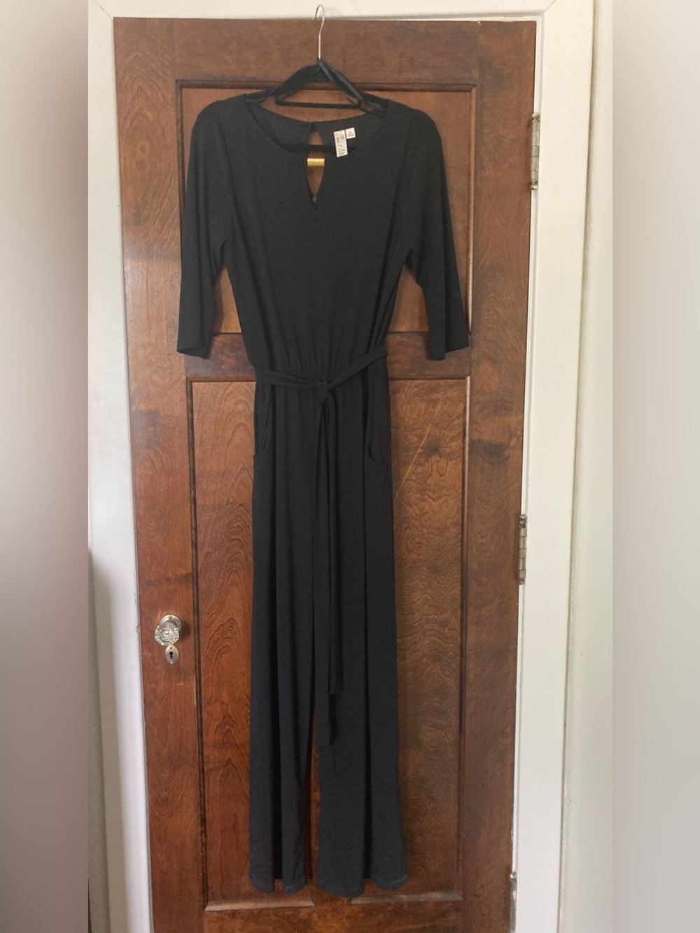 Emma & Michele Black Long-Sleeve Tie-Waist Maxi Jumpsuit